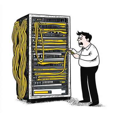 cartoon drawing of a technician looking alarmed holding a cable infront of a server rack with lots of yellow cables hanging on one side of it, hand drawn, white background, simplistic.