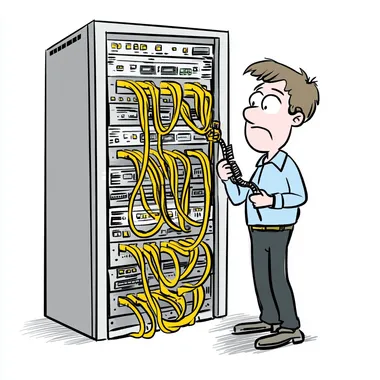 cartoon drawing of a technician looking alarmed holding a cable infront of a server rack with lots of yellow cables hanging on one side of it, hand drawn, white background, simplistic.