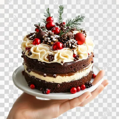 medium size christmas cake on a one raised hand by a woamn in white background.