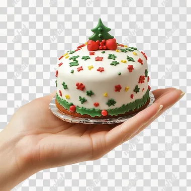 medium size christmas cake on a one raised hand by a woamn in white background.