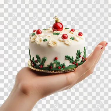 medium size christmas cake on a one raised hand by a woamn in white background.