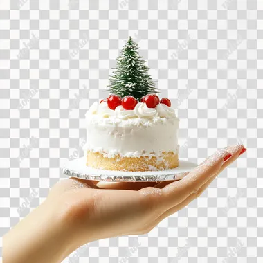 medium size christmas cake on a one raised hand by a woamn in white background.