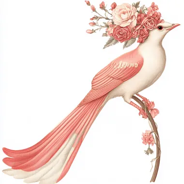vintage illustration of a bird in coral pink and ivory color with long tail wearing floral headgear on white background