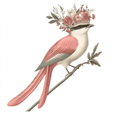 vintage illustration of a bird in coral pink and ivory color with long tail wearing floral headgear on white background