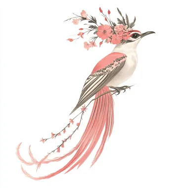 vintage illustration of a bird in coral pink and ivory color with long tail wearing floral headgear on white background