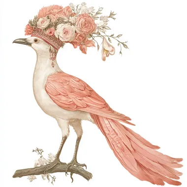 vintage illustration of a bird in coral pink and ivory color with long tail wearing floral headgear on white background