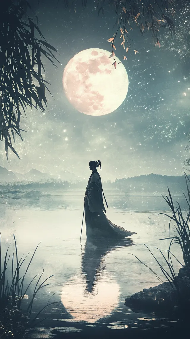 Tranquil Reflection: A Man Celebrating Peace Under the Moonlight