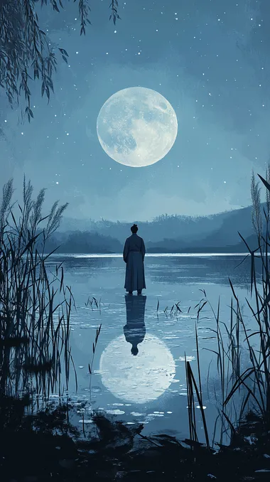 Tranquil lake, man, standing alone, middle-aged male in the Tang Dynasty of China, perfect outline, peaceful facial expression, clothes moving gently in the wind, shore, reed bushes (You can add environmental elements according to your preferences), the lake water is as calm as a mirror, with a glimmer of light, the moon is large and round, hanging high in the sky, the reflection of the person is clearly reflected in the lake, close to the reflection of the moon, the real atmosphere, the soft moonlight shining on the lake, the starry sky background, ultra-wide angle lens, ambient light, realistic style, and high-quality depth of field