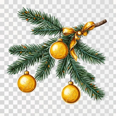 stickers spruce branch with yellow balls and garland on white background Christmas illustration