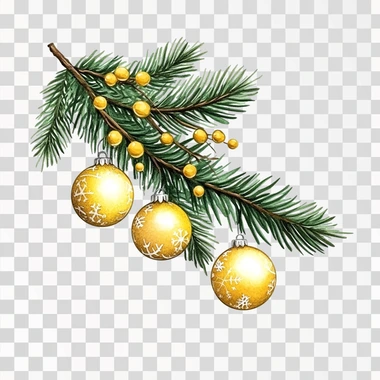 stickers spruce branch with yellow balls and garland on white background Christmas illustration