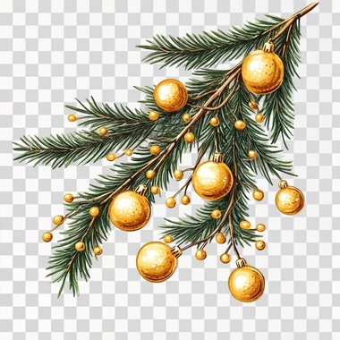 stickers spruce branch with yellow balls and garland on white background Christmas illustration