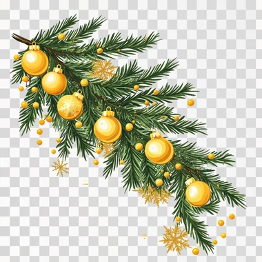 stickers spruce branch with yellow balls and garland on white background Christmas illustration