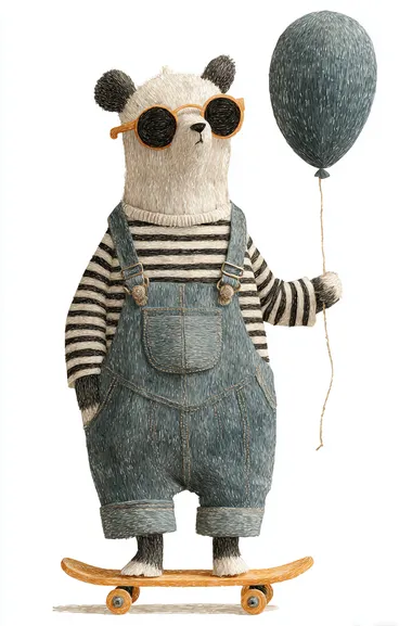 Cute bear wearing sunglasses and striped overalls, holding a balloon on a skateboard, clipart in the style of Jon Klassen with a neutral white background.    7il5lr8