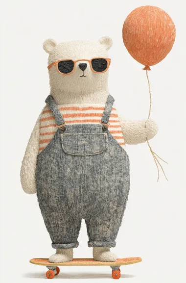 Cute bear wearing sunglasses and striped overalls, holding a balloon on a skateboard, clipart in the style of Jon Klassen with a neutral white background.    7il5lr8