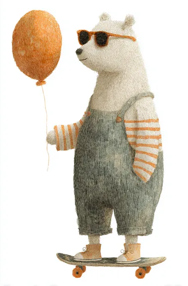 Cute bear wearing sunglasses and striped overalls, holding a balloon on a skateboard, clipart in the style of Jon Klassen with a neutral white background.    7il5lr8