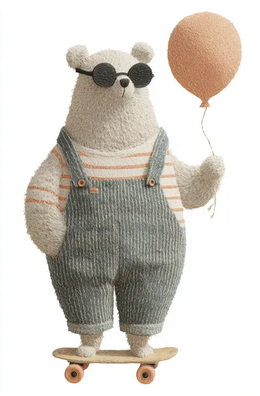Cute bear wearing sunglasses and striped overalls, holding a balloon on a skateboard, clipart in the style of Jon Klassen with a neutral white background.    7il5lr8
