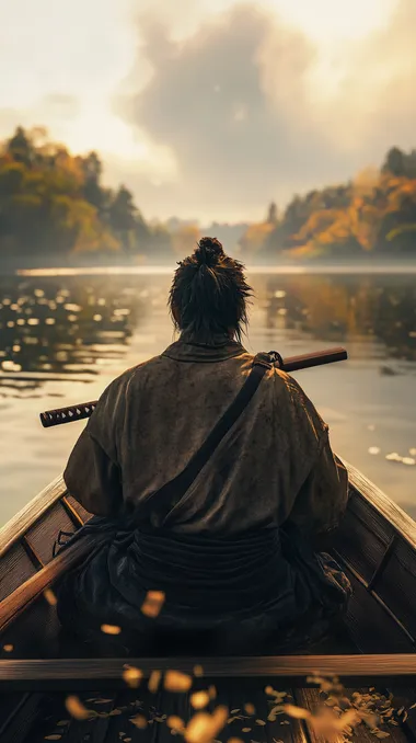 A lone figure rows across calm waters toward Funashima Island, hyper-realistic, the morning mist shrouding the distant shoreline. Musashi sits in the small wooden boat, his expression calm and focused as he carves a sword from the oar with a small blade. Wood shavings drift into the rippling water, catching faint glimmers of sunlight breaking through the cloudy sky. His unkempt hair moves gently in the breeze, and the rhythmic creak of the oar echoes softly across the serene expanse. The scene captures a quiet intensity, the calm before the storm of an impending duel. Documentary photo, ultra-realistic, dirty filter, dirty lens, exquisite detail, 30-megapixel, 8k octane render, extremely detailed, shot with an 85mm lens, sharp focus, intricately detailed textures, long exposure time, f/8 aperture, ISO 100, shutter speed 1/125, diffuse backlighting, award-winning composition, subject facing the camera, looking directly into the lens, monovisions style, soft catchlight in the eyes, low contrast, high sharpness, balanced facial symmetry, shallow depth of field, golden hour lighting, ultra-detailed rendering, ray-traced global illumination for realistic light and shadow interplay.