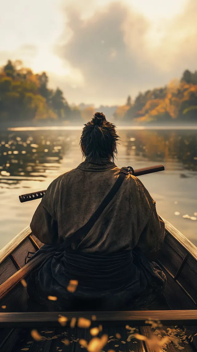 Lone Rowing Figure on Calm Waters Near Funashima Island at Dawn
