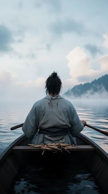 A lone figure rows across calm waters toward Funashima Island, hyper-realistic, the morning mist shrouding the distant shoreline. Musashi sits in the small wooden boat, his expression calm and focused as he carves a sword from the oar with a small blade. Wood shavings drift into the rippling water, catching faint glimmers of sunlight breaking through the cloudy sky. His unkempt hair moves gently in the breeze, and the rhythmic creak of the oar echoes softly across the serene expanse. The scene captures a quiet intensity, the calm before the storm of an impending duel. Documentary photo, ultra-realistic, dirty filter, dirty lens, exquisite detail, 30-megapixel, 8k octane render, extremely detailed, shot with an 85mm lens, sharp focus, intricately detailed textures, long exposure time, f/8 aperture, ISO 100, shutter speed 1/125, diffuse backlighting, award-winning composition, subject facing the camera, looking directly into the lens, monovisions style, soft catchlight in the eyes, low contrast, high sharpness, balanced facial symmetry, shallow depth of field, golden hour lighting, ultra-detailed rendering, ray-traced global illumination for realistic light and shadow interplay.