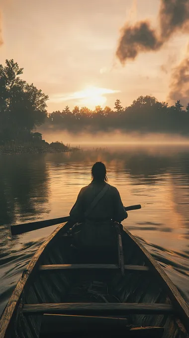 A lone figure rows across calm waters toward Funashima Island, hyper-realistic, the morning mist shrouding the distant shoreline. Musashi sits in the small wooden boat, his expression calm and focused as he carves a sword from the oar with a small blade. Wood shavings drift into the rippling water, catching faint glimmers of sunlight breaking through the cloudy sky. His unkempt hair moves gently in the breeze, and the rhythmic creak of the oar echoes softly across the serene expanse. The scene captures a quiet intensity, the calm before the storm of an impending duel. Documentary photo, ultra-realistic, dirty filter, dirty lens, exquisite detail, 30-megapixel, 8k octane render, extremely detailed, shot with an 85mm lens, sharp focus, intricately detailed textures, long exposure time, f/8 aperture, ISO 100, shutter speed 1/125, diffuse backlighting, award-winning composition, subject facing the camera, looking directly into the lens, monovisions style, soft catchlight in the eyes, low contrast, high sharpness, balanced facial symmetry, shallow depth of field, golden hour lighting, ultra-detailed rendering, ray-traced global illumination for realistic light and shadow interplay.