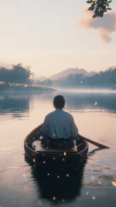 A lone figure rows across calm waters toward Funashima Island, hyper-realistic, the morning mist shrouding the distant shoreline. Musashi sits in the small wooden boat, his expression calm and focused as he carves a sword from the oar with a small blade. Wood shavings drift into the rippling water, catching faint glimmers of sunlight breaking through the cloudy sky. His unkempt hair moves gently in the breeze, and the rhythmic creak of the oar echoes softly across the serene expanse. The scene captures a quiet intensity, the calm before the storm of an impending duel. Documentary photo, ultra-realistic, dirty filter, dirty lens, exquisite detail, 30-megapixel, 8k octane render, extremely detailed, shot with an 85mm lens, sharp focus, intricately detailed textures, long exposure time, f/8 aperture, ISO 100, shutter speed 1/125, diffuse backlighting, award-winning composition, subject facing the camera, looking directly into the lens, monovisions style, soft catchlight in the eyes, low contrast, high sharpness, balanced facial symmetry, shallow depth of field, golden hour lighting, ultra-detailed rendering, ray-traced global illumination for realistic light and shadow interplay.