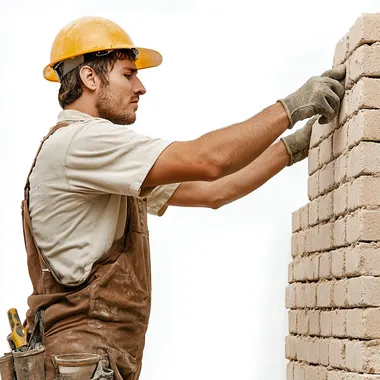 bricklayer building a wall, white background