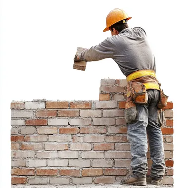 bricklayer building a wall, white background