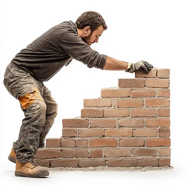 bricklayer building a wall, white background