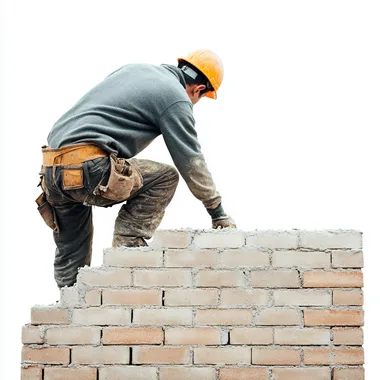 bricklayer building a wall, white background