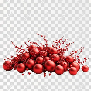 realistic huge amound of red balls for a christmas tree that are connected to each other and laying on the floor, long bundle, with small red branches with christmas flowers inbetween, plain white background