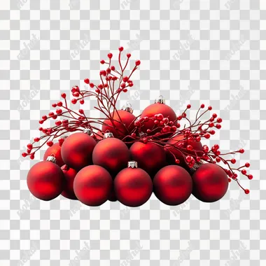 realistic huge amound of red balls for a christmas tree that are connected to each other and laying on the floor, long bundle, with small red branches with christmas flowers inbetween, plain white background