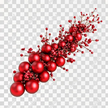 realistic huge amound of red balls for a christmas tree that are connected to each other and laying on the floor, long bundle, with small red branches with christmas flowers inbetween, plain white background