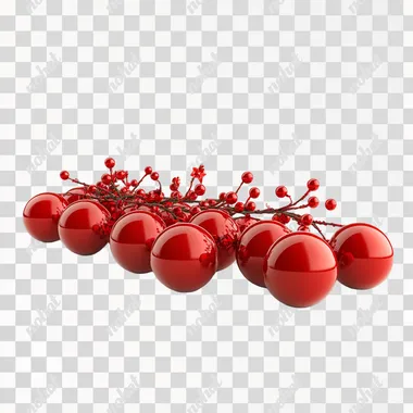 realistic huge amound of red balls for a christmas tree that are connected to each other and laying on the floor, long bundle, with small red branches with christmas flowers inbetween, plain white background