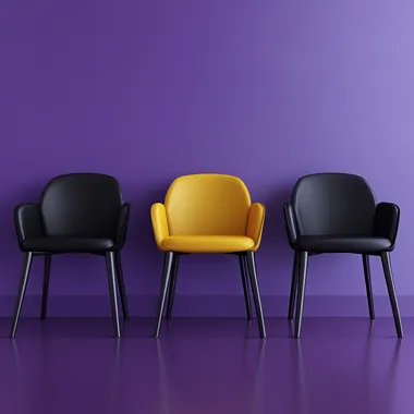 A hyper-realistic, high-resolution photograph of five chairs neatly aligned side by side in a modern interior setting. Four of the chairs are dark-colored (black or deep plum), and the center chair is bright yellow, placed precisely in the middle to draw focus. The scene is set against a smooth matte purple wall and a matching purple floor, creating a soft monochromatic atmosphere. The lighting is natural softbox-style, coming slightly from the side and above, subtly highlighting the texture and color of the yellow chair to make it stand out. Include soft shadows, reflections on the floor, and slight depth of field (bokeh effect) to mimic a shot taken with a DSLR camera using a 50mm f/1.8 lens. The overall image should feel sharp, clean, and cinematic, with balanced contrast and realistic material textures like fabric and plastic or metal on the chairs.