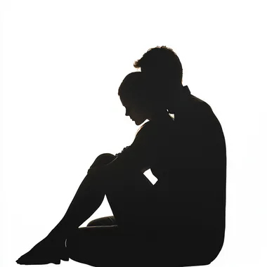 silhouette in front view, a woman sitting down being embraced by a man behind her with his arms over her shoulders, light grey with no background --s 50