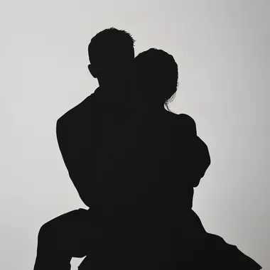 silhouette in front view, a woman sitting down being embraced by a man behind her with his arms over her shoulders, light grey with no background --s 50