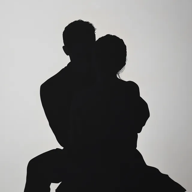 Silhouette of Couple Hugging in Light Grey, Indoor Scene, Front View