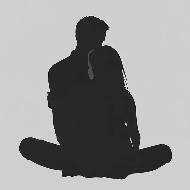 Silhouette of Woman Sitting on Ground Embraced by Man in Light Grey