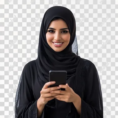 saudi woman on her phone smiling white background in abaya realistic sony a7iii