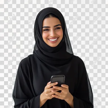 saudi woman on her phone smiling white background in abaya realistic sony a7iii