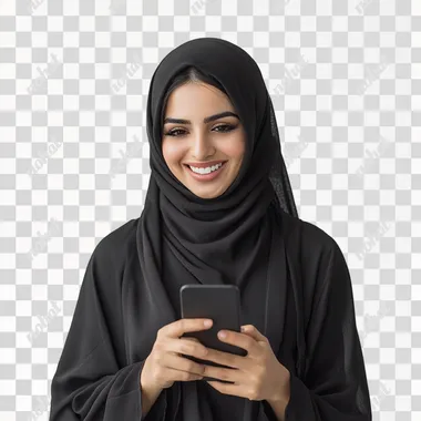saudi woman on her phone smiling white background in abaya realistic sony a7iii