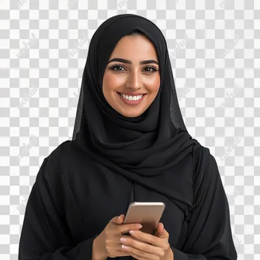 saudi woman on her phone smiling white background in abaya realistic sony a7iii