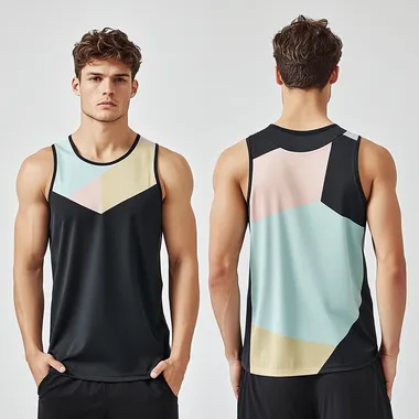 High-quality well separated of one photo front model and one photo back model of men, sport tank top, offers breathability and comfort, dark pastel colors, consistency and cohesion of front and back for patterns or details, lighting studio, for a website that sells clothes with white background. photo of one FRONT and one BACK.  muscle, slim arms, no visible veins