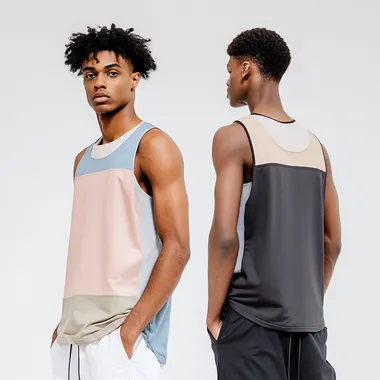 High-quality well separated of one photo front model and one photo back model of men, sport tank top, offers breathability and comfort, dark pastel colors, consistency and cohesion of front and back for patterns or details, lighting studio, for a website that sells clothes with white background. photo of one FRONT and one BACK.  muscle, slim arms, no visible veins