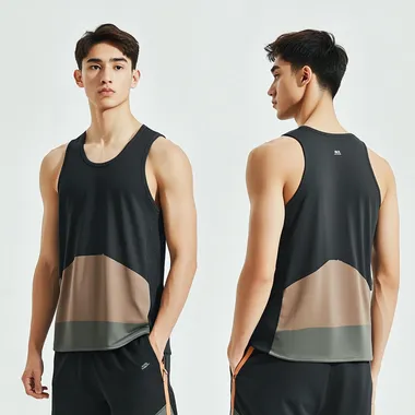 High-quality well separated of one photo front model and one photo back model of men, sport tank top, offers breathability and comfort, dark pastel colors, consistency and cohesion of front and back for patterns or details, lighting studio, for a website that sells clothes with white background. photo of one FRONT and one BACK.  muscle, slim arms, no visible veins