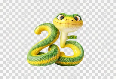 A cute, smiling, yellow and green snake coiled into the number "2025" on a pure white background, Cartoony style, UE5 style, CG Rendering