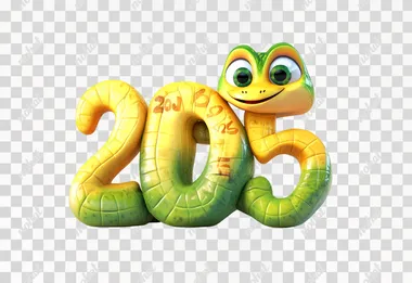 A cute, smiling, yellow and green snake coiled into the number "2025" on a pure white background, Cartoony style, UE5 style, CG Rendering
