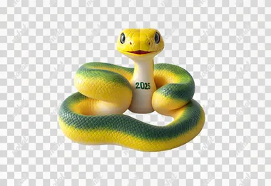 A cute, smiling, yellow and green snake coiled into the number "2025" on a pure white background, Cartoony style, UE5 style, CG Rendering