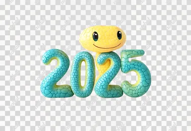 A cute, smiling, yellow and green snake coiled into the number "2025" on a pure white background, Cartoony style, UE5 style, CG Rendering