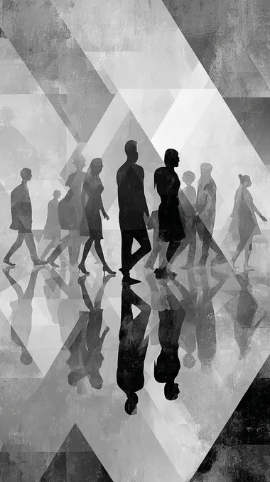 exaggerated realism, people silhouettes geometrical
